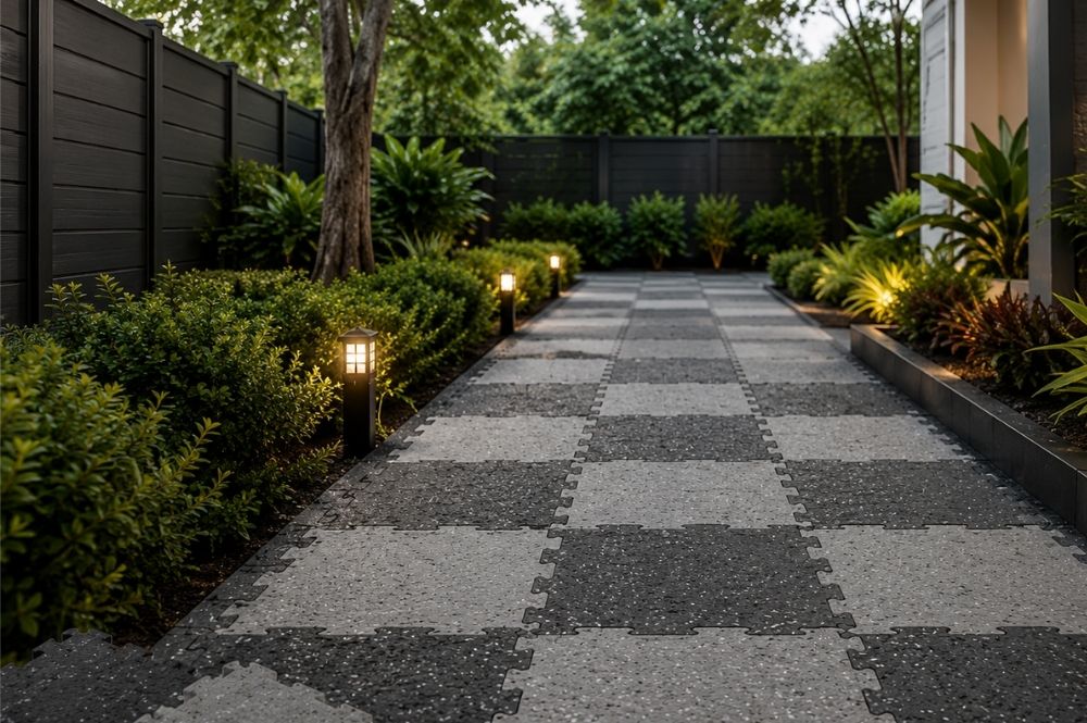 Colourful eco-friendly recycled plastic interlocking tiles for outdoor pathways and driveways
