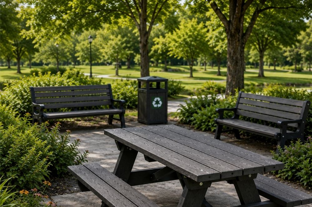 Eco outdoor furniture - recycled plastic picnic table and bench in park